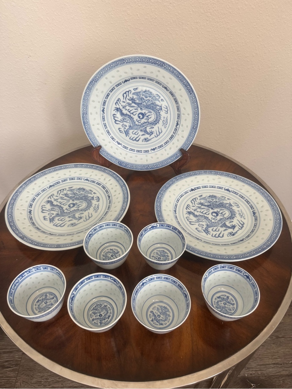 3 Jingdezhen Porcelain Dinner Plates 9” 6 Matching Porcelain Rice Bowls Dragon - Picture 7 of 16